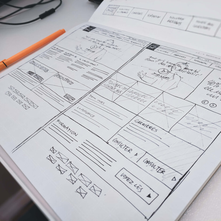A sketchbook showing an example of a wireframe